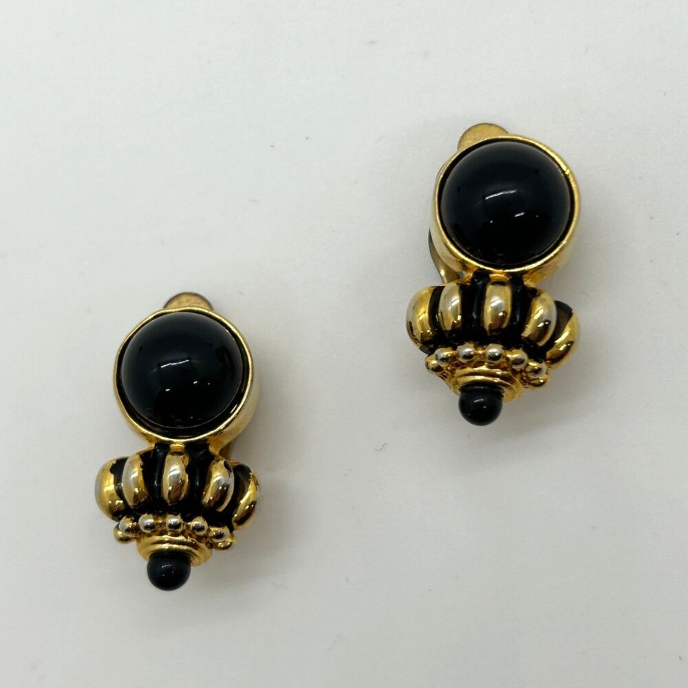 Vintage Black Cabochon Gold Tone Renaissance Revival Clip-On Statement Earrings